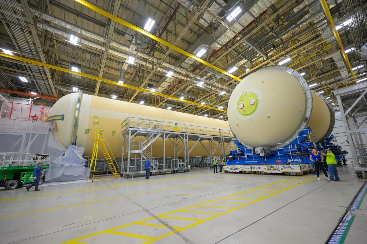 Move crews at NASA’s Michoud Assembly Facility in New Orleans move the liquid oxygen tank into final assembly production area on Aug. 27, 2025. There, it will undergo integration of the forward dome by SLS (Space Launch System) prime contractor, Boeing. Eventually, the liquid oxygen tank will be moved back to the high bay where it will be mated with the intertank and forward skirt to complete the forward join of the Artemis III core stage. The propellant tank is one of five major elements that make up the 212-foot-tall rocket stage. The core stage, along with its four RS-25 engines, produce more than two million pounds of thrust to help launch NASA’s Orion spacecraft, astronauts, and supplies beyond Earth’s orbit and to the lunar surface for Artemis.